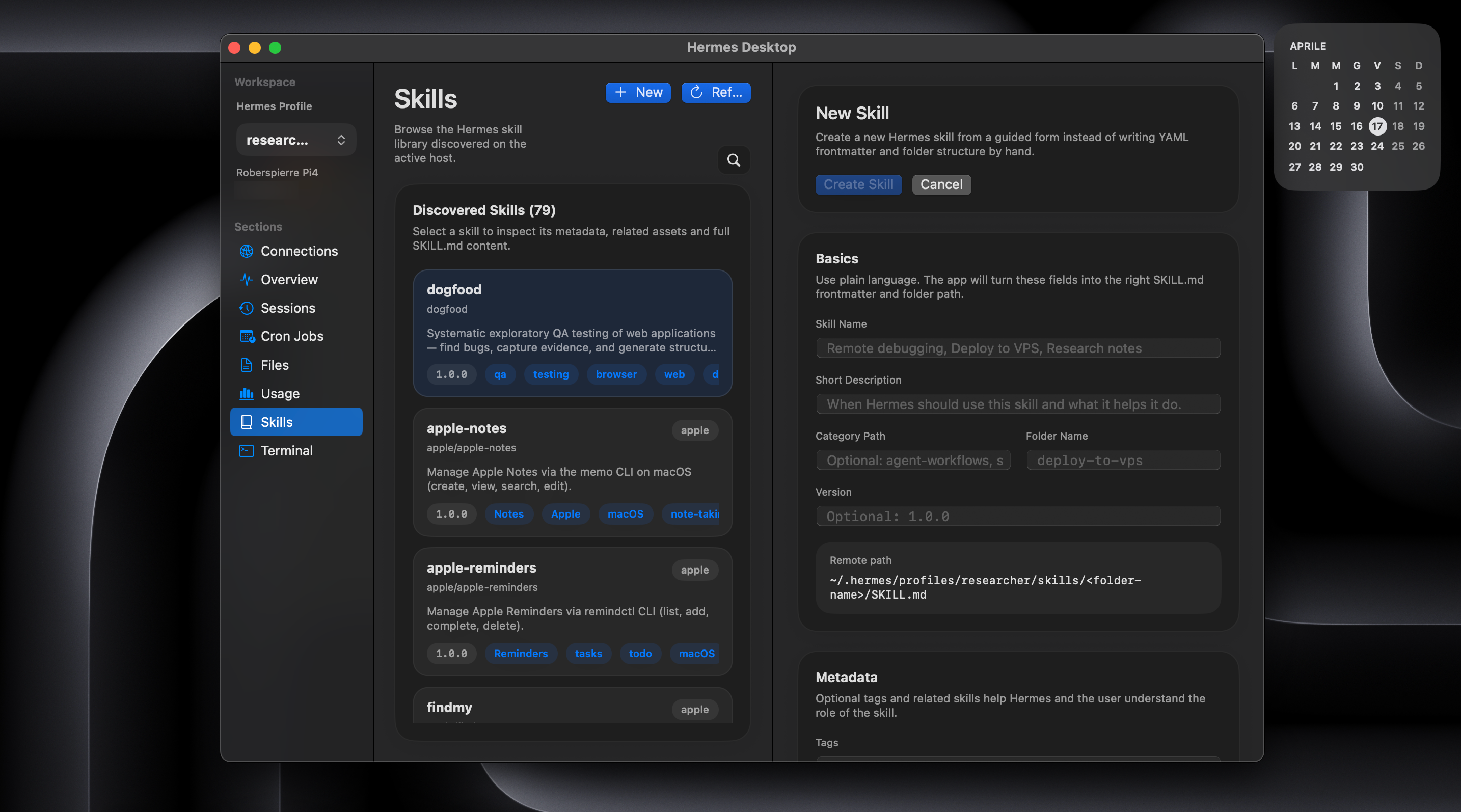 Hermes Desktop Skills view