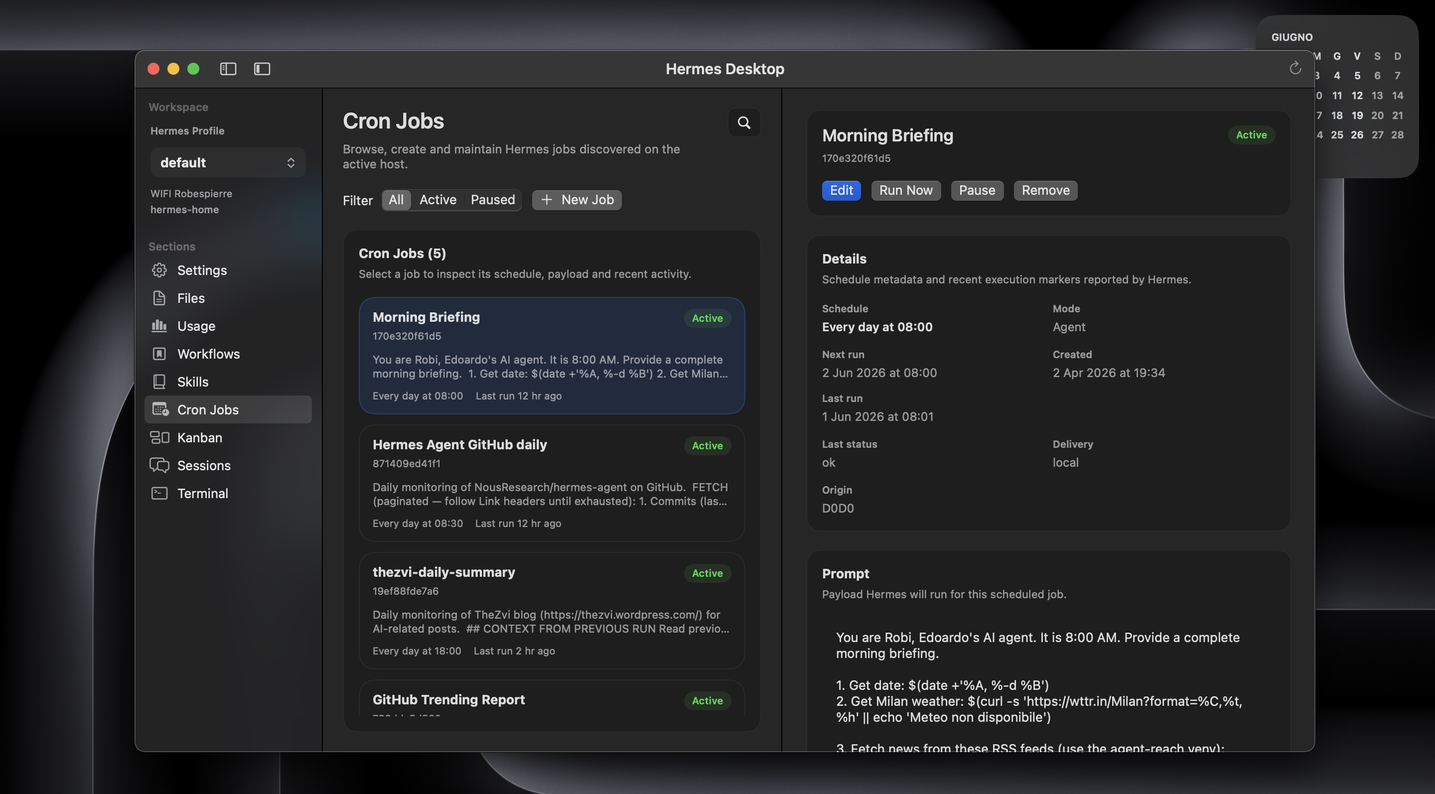 Hermes Desktop Cron Jobs view