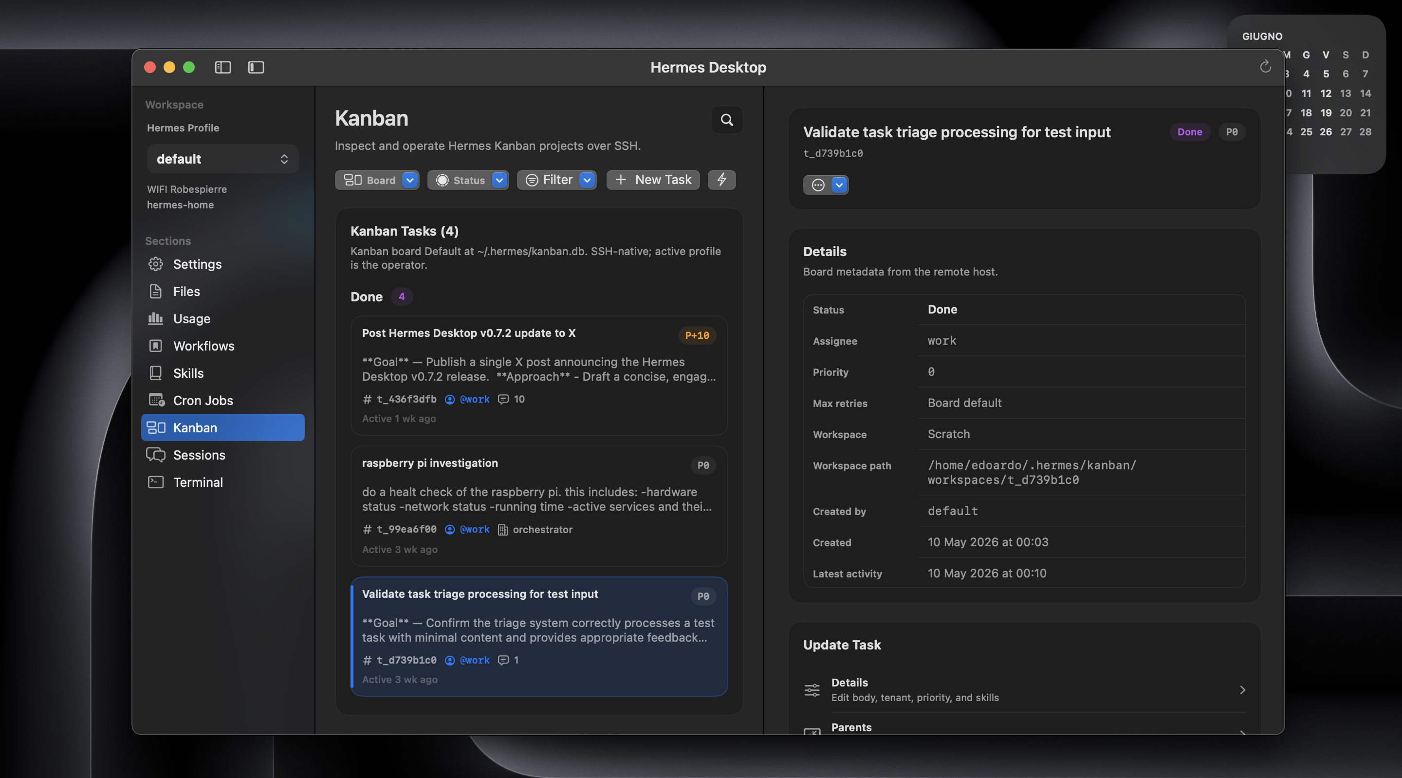 Hermes Desktop Kanban view