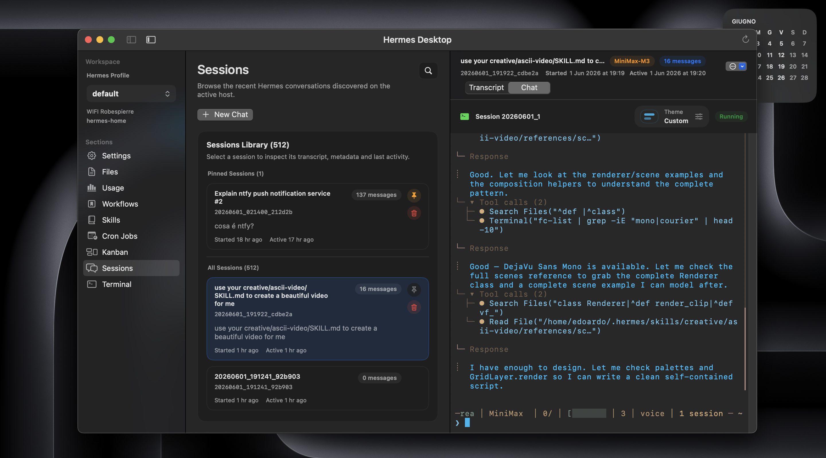 Hermes Desktop Sessions view