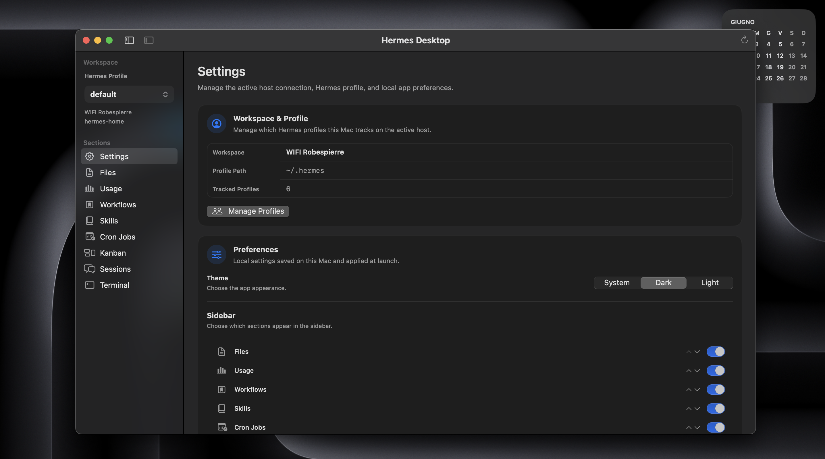 Hermes Desktop Settings view