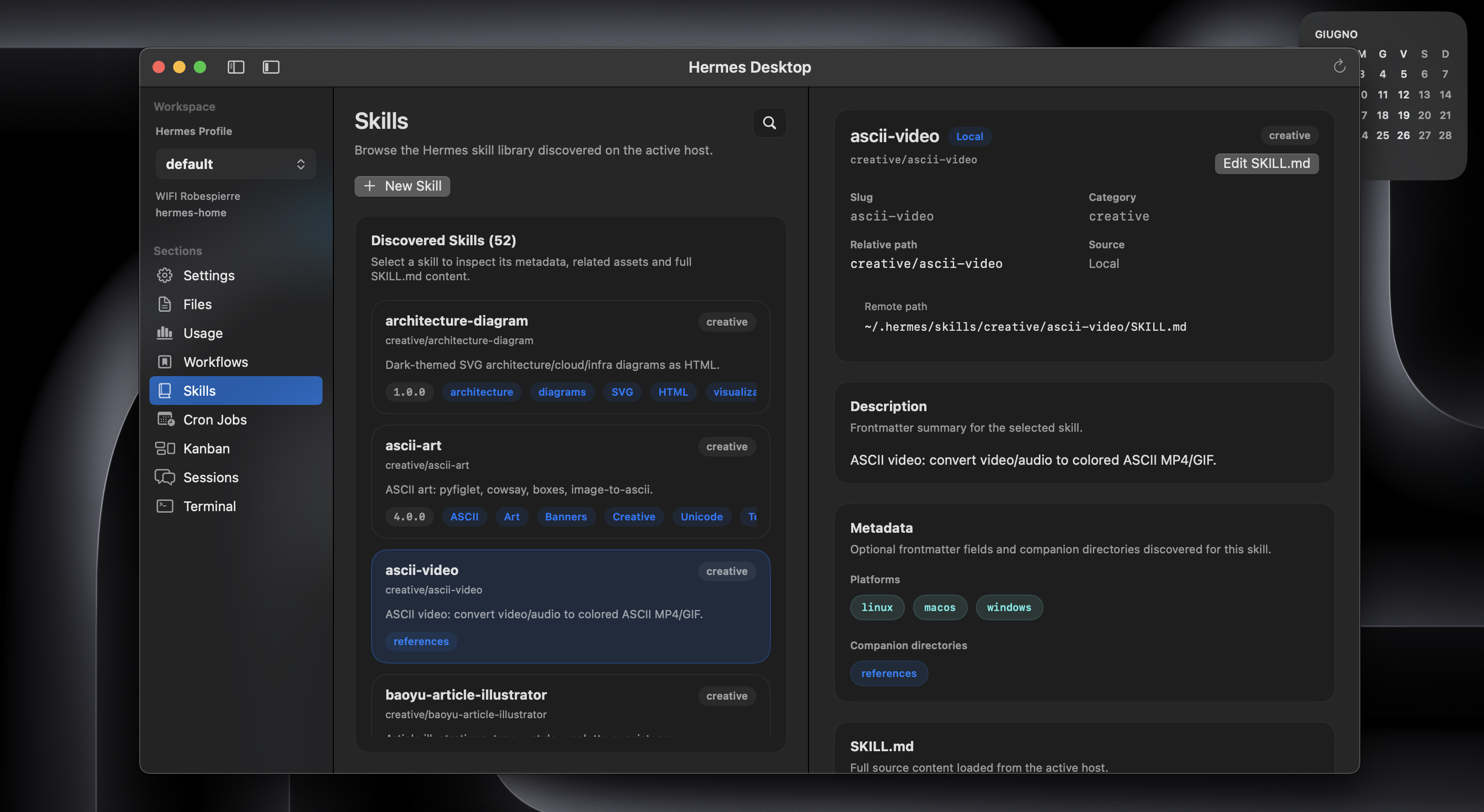 Hermes Desktop Skills view