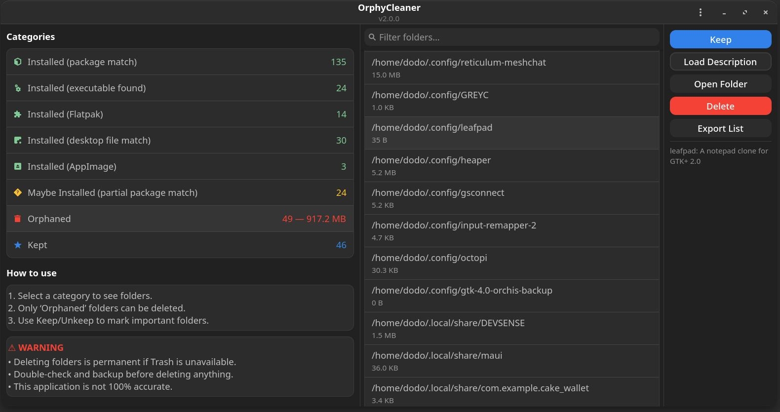 OrphyCleaner interface showing detected application folders and their status