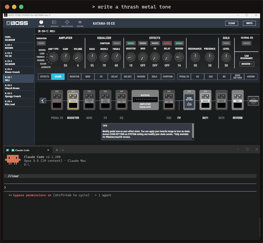 Claude Code setting a thrash metal tone; the knobs in BOSS TONE STUDIO move live