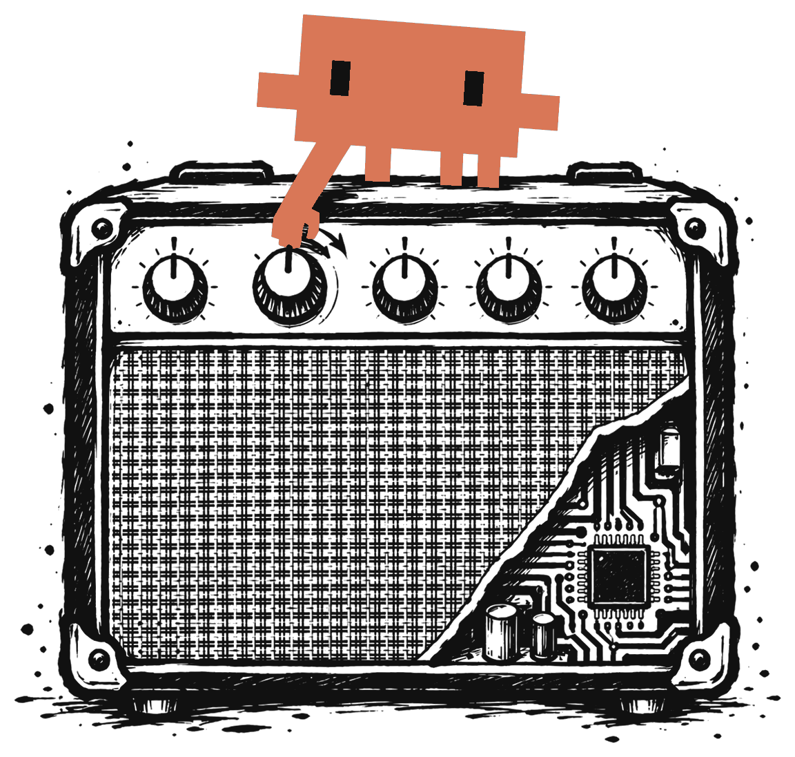 A pixel-art mascot sitting on a guitar amp, turning one of its knobs
