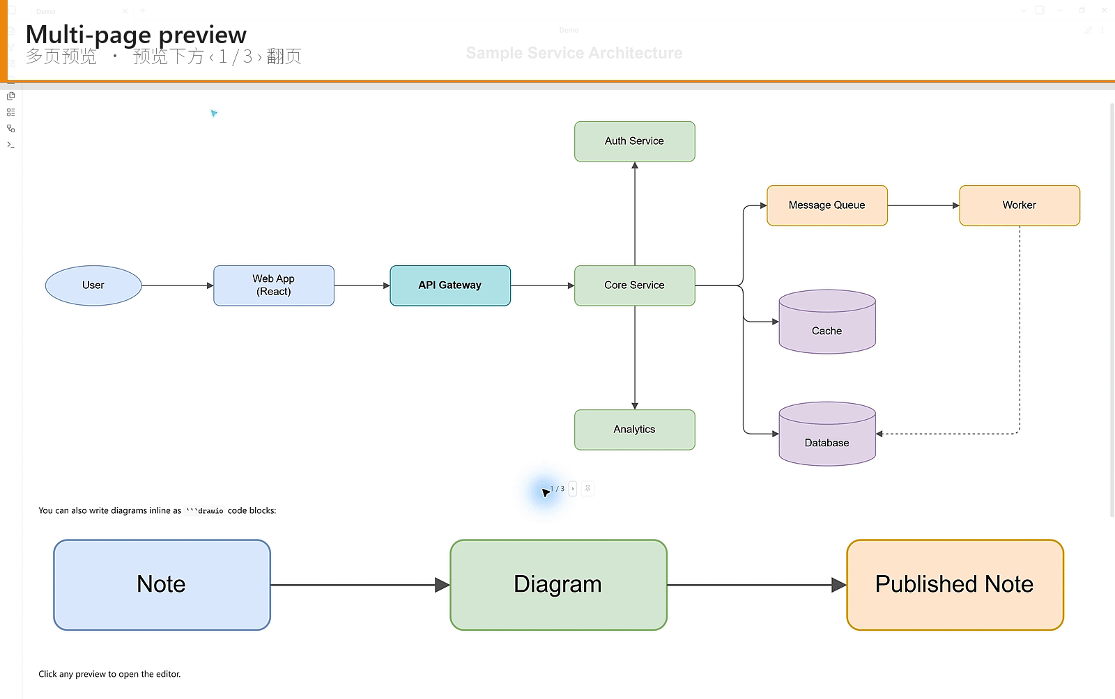 Demo: flip pages on an embedded diagram, then open the full drawio editor right inside Obsidian