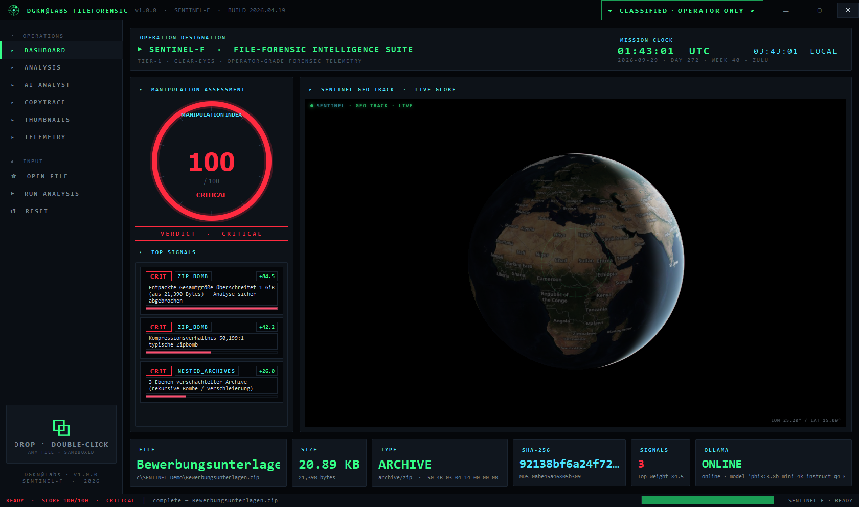 SENTINEL-F — Screenshot aus dem Projekt