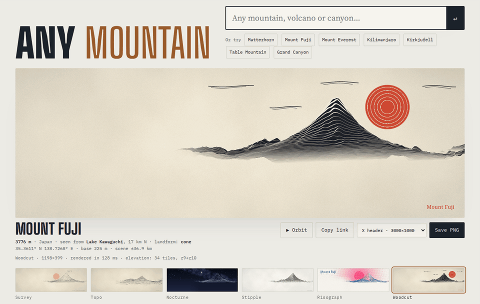 The Any mountain web app: typing Matterhorn, switching between the six print styles, then orbiting