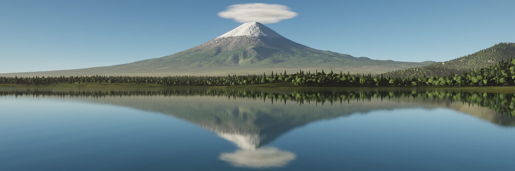 Photographic render of Mount Fuji reflected in Lake Kawaguchi