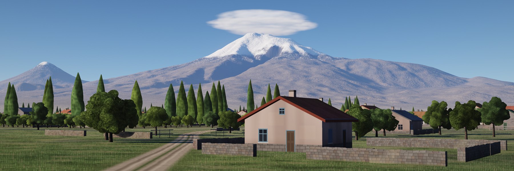 A dirt lane past a stone-walled house and orchards, Ararat behind