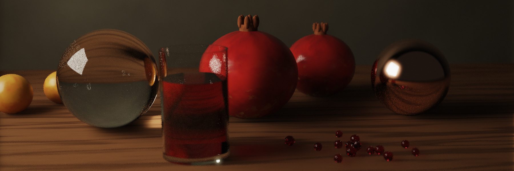Crystal ball, pomegranates, juice and copper