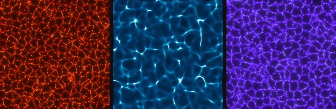 Lava, underwater caustics and energy web textures rendered by IlluGen through illugen-mcp