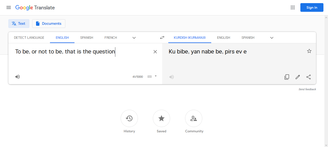 Google Translate "English - Kurdish" Website screenshot