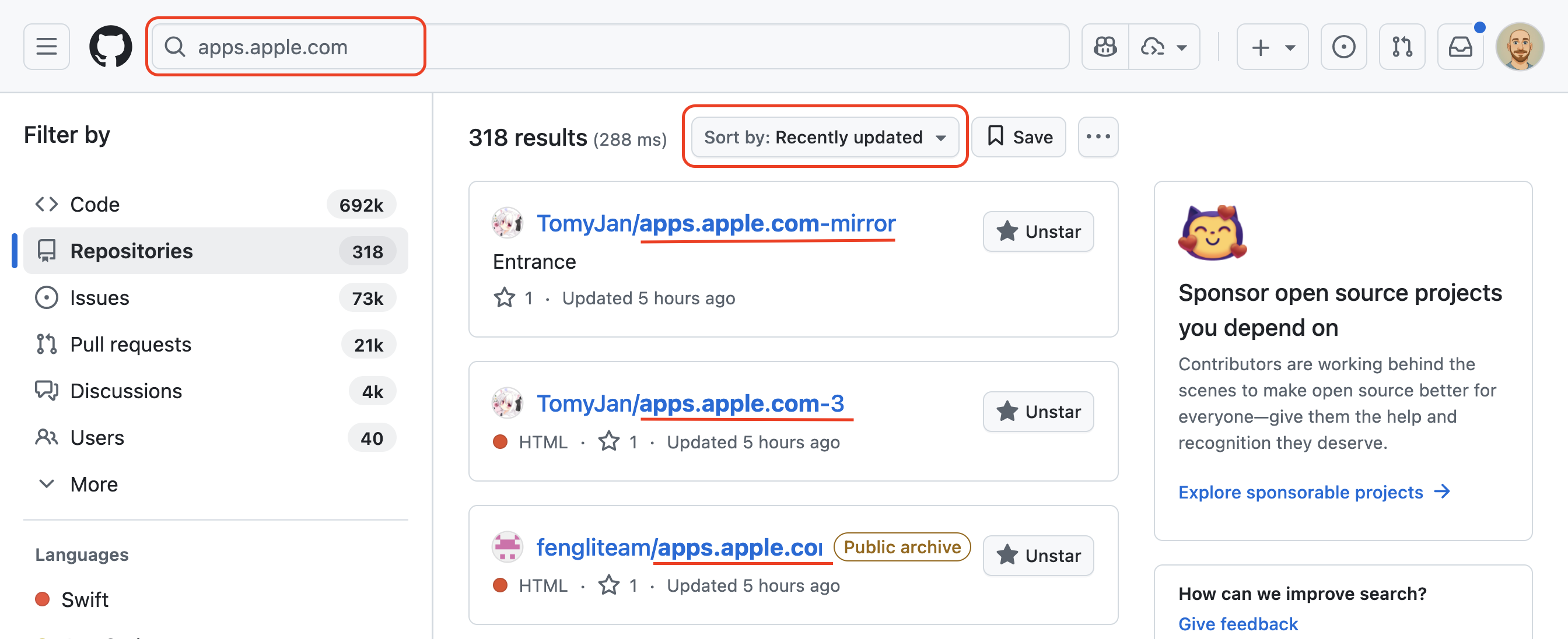 Ілюстрація як шукати подібні репозиторії на GitHub