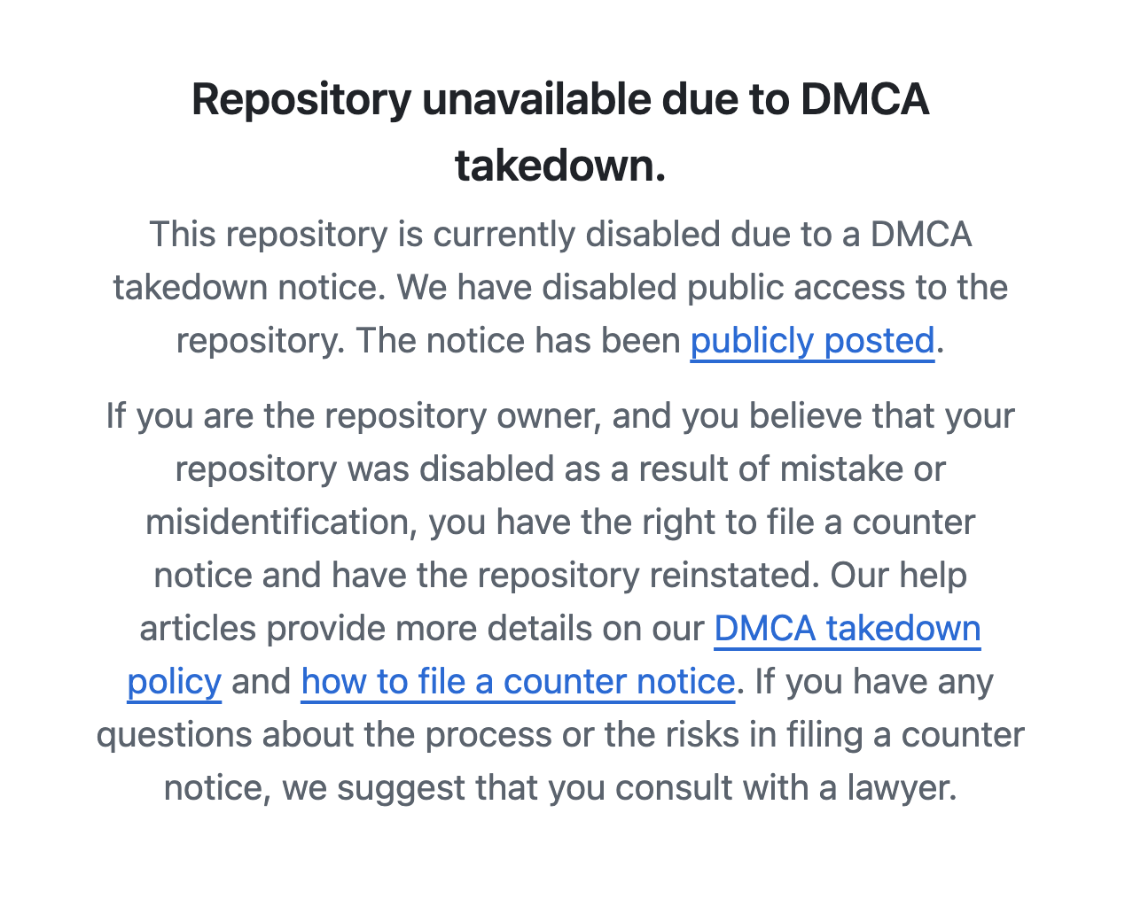 Повідомлення про видалення репозиторії за запитом Apple: "Repository unavailable due to DMCA takedown."