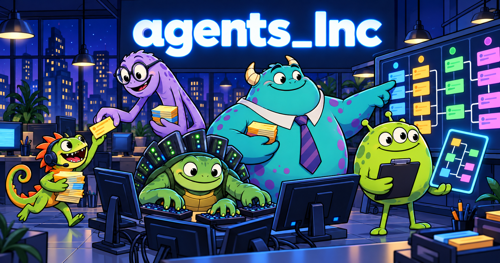 agents_Inc: a crew of original cartoon monsters at work on a night-shift dispatch floor
