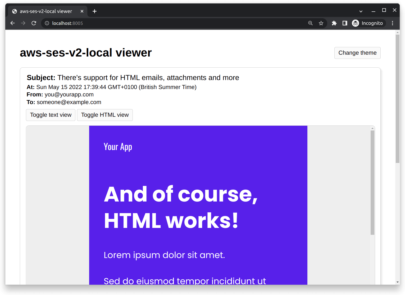 The viewer tool showing an HTML email
