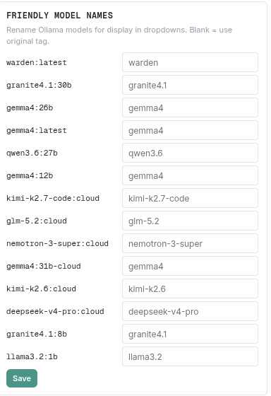 Friendly model names: cloud models shown by a readable name, not a raw id