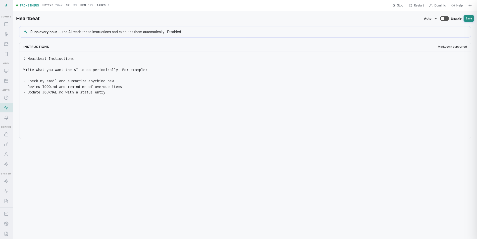 Heartbeat panel: scheduled instructions the AI executes automatically