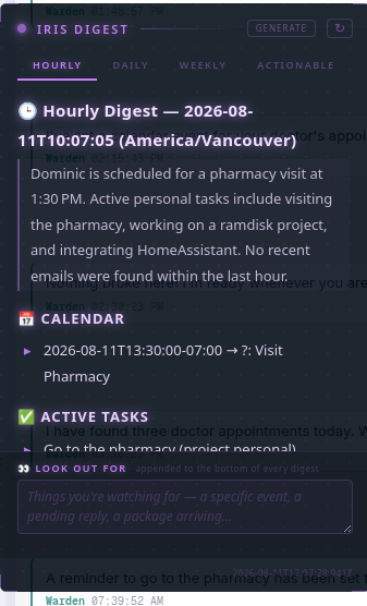 Iris hourly digest: a grounded briefing of the next couple hours