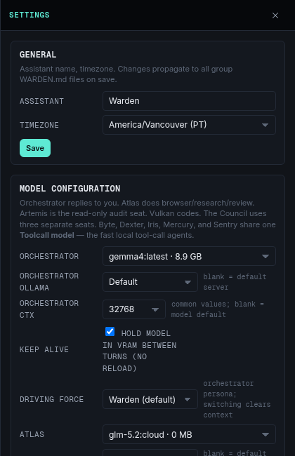 Local model settings: pick a local Ollama model per role