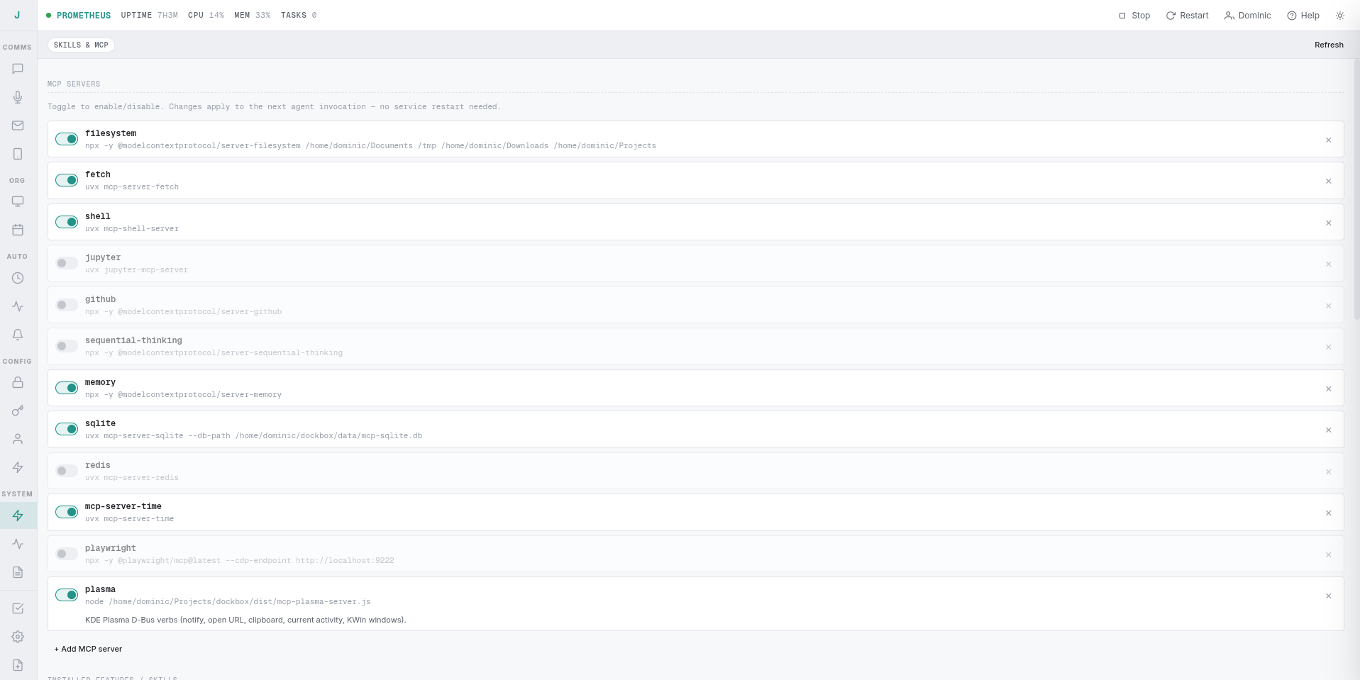 MCP server panel: filesystem, fetch, shell, memory, SQLite, time, plasma, and more