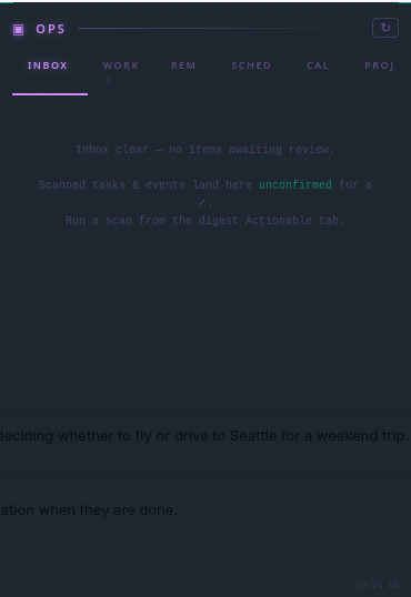 Ops Panel inbox: scanned work tasks and calendar events to confirm or deny