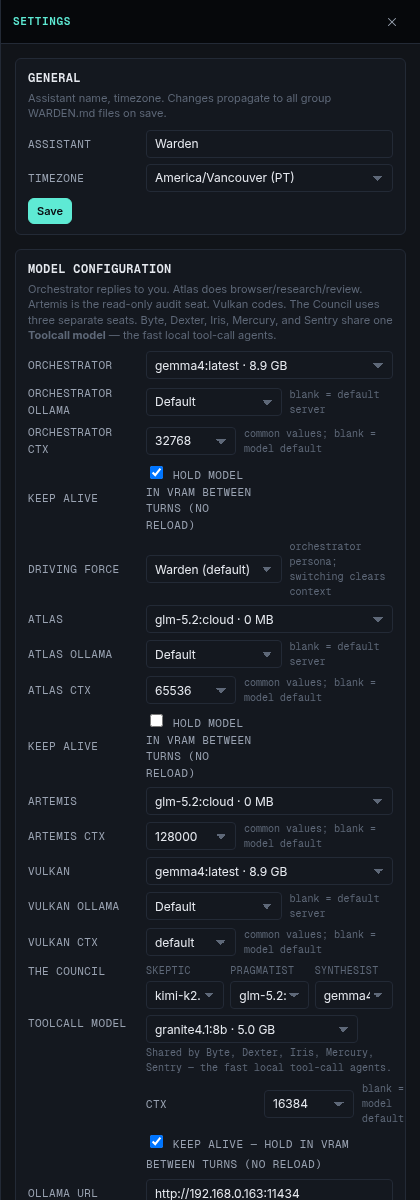 Settings panel: assistant name, model configuration per role, Ollama URL, and keep-alive toggles