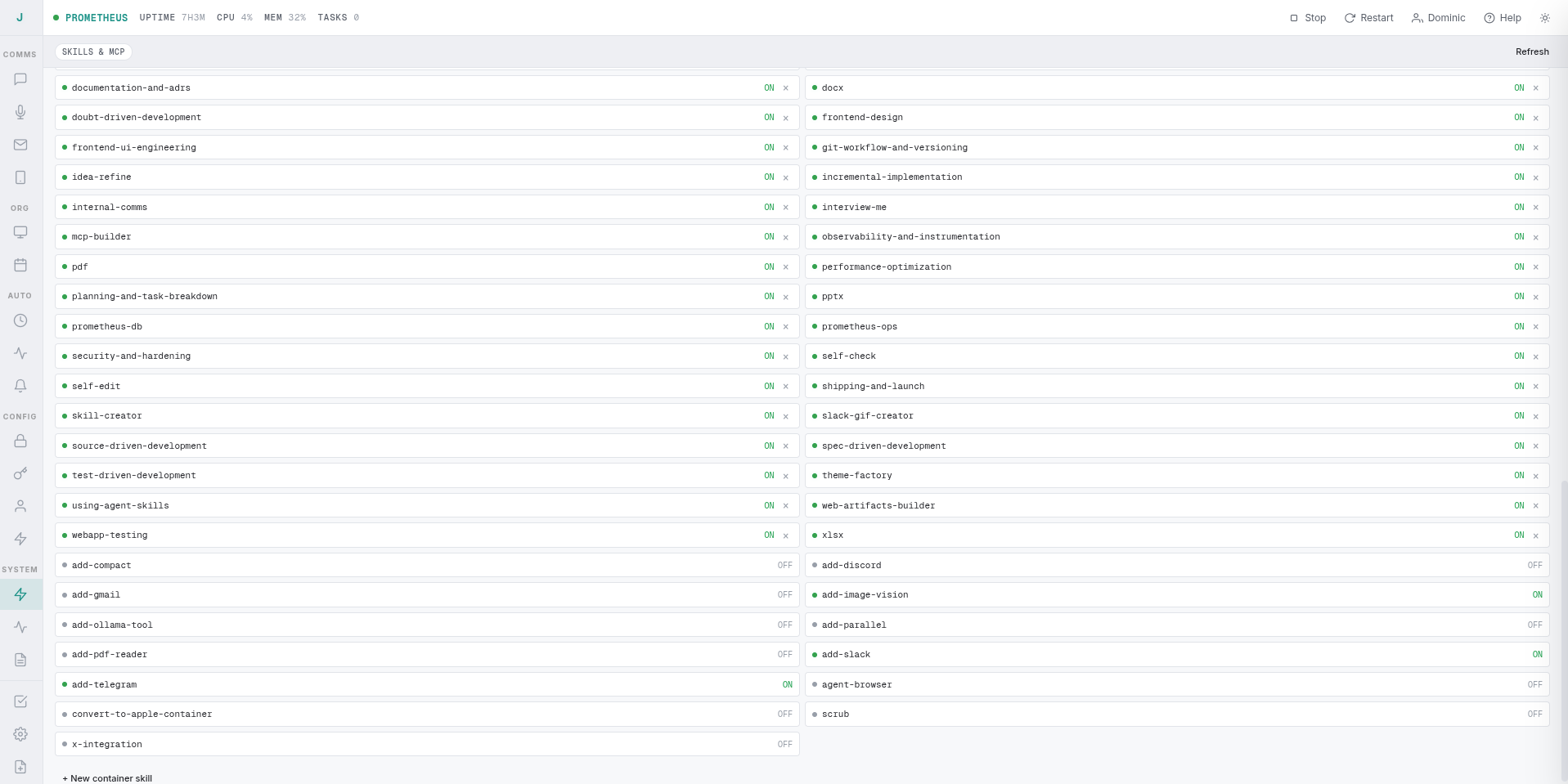 Skills & MCP panel: dozens of toggled capabilities