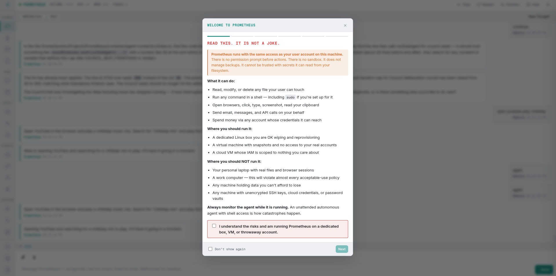 Safety warning modal shown on first dashboard launch