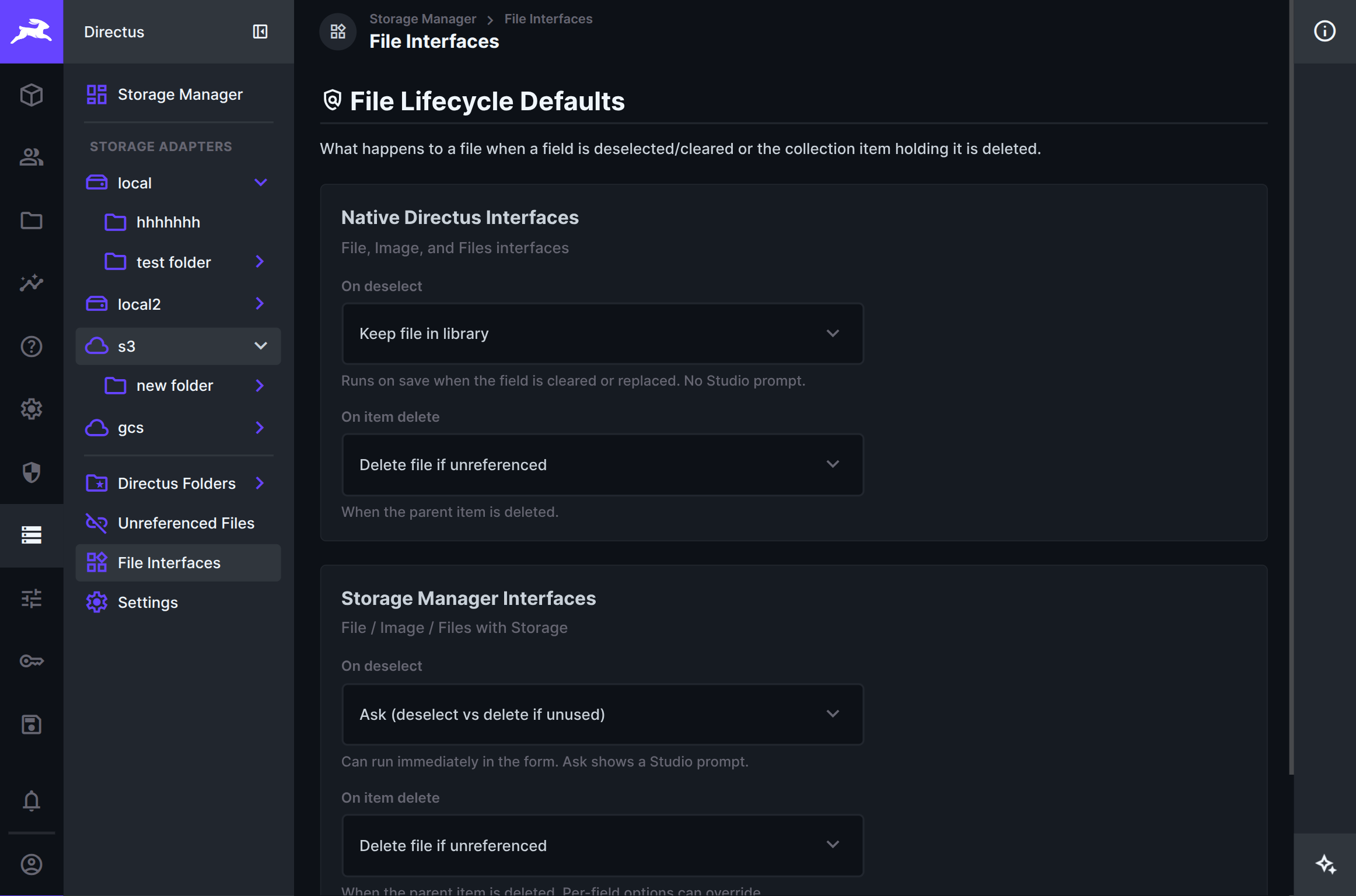 File Interfaces lifecycle defaults for Native Directus and Storage Manager