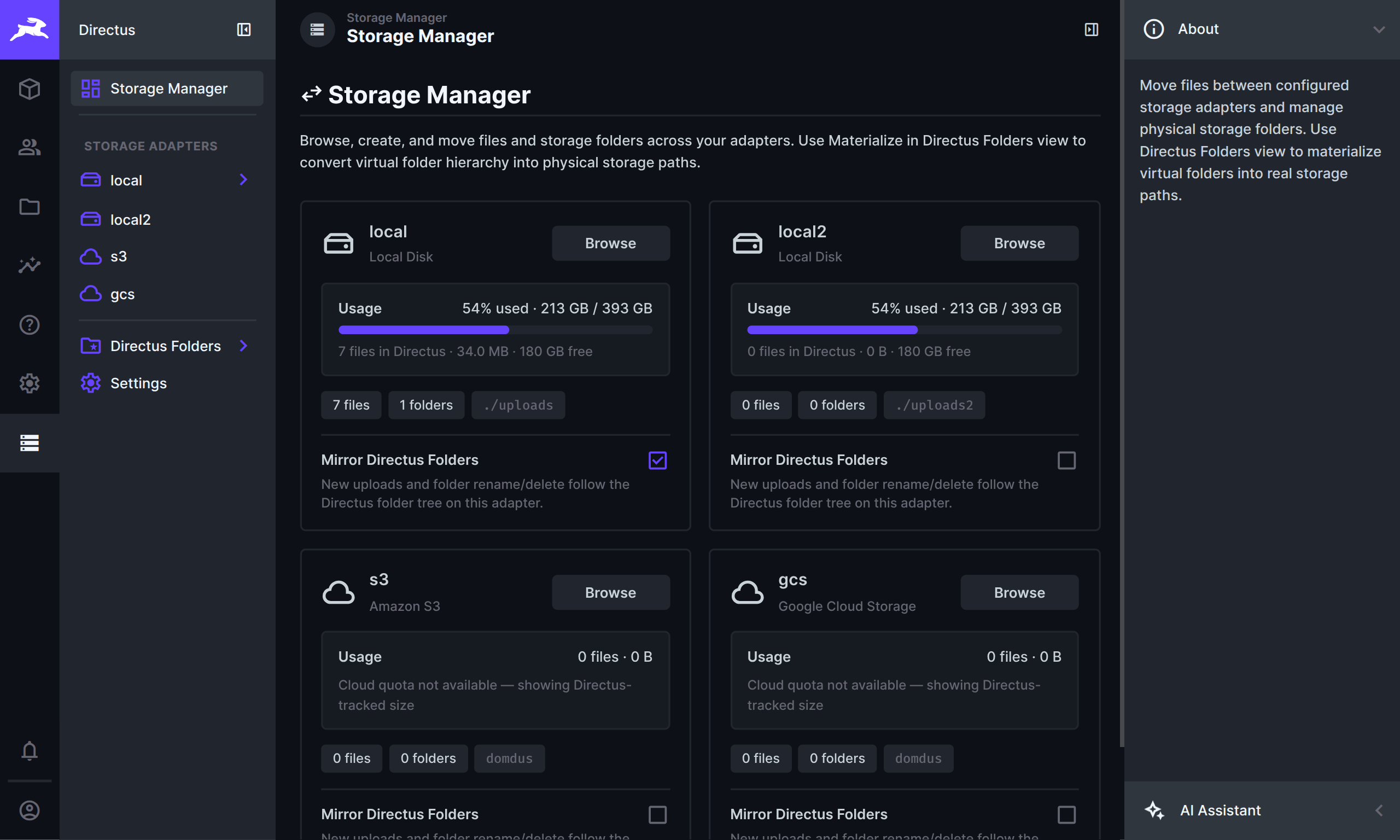 Storage Manager overview with local, local2, S3, and GCS adapters