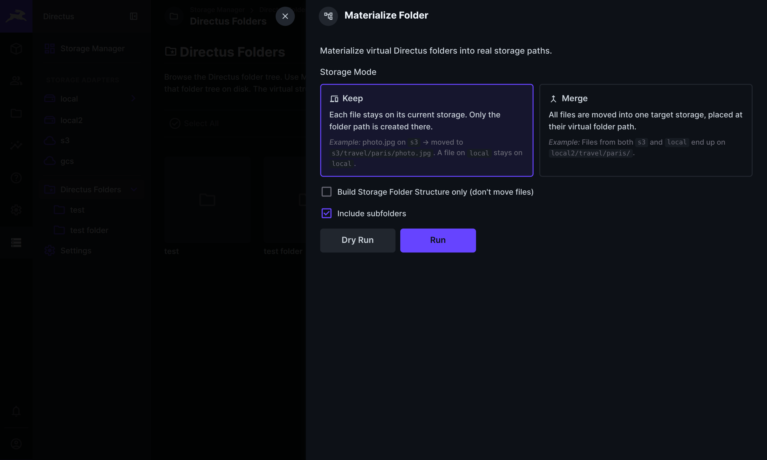 Materialize Folder drawer with Keep and Merge storage modes