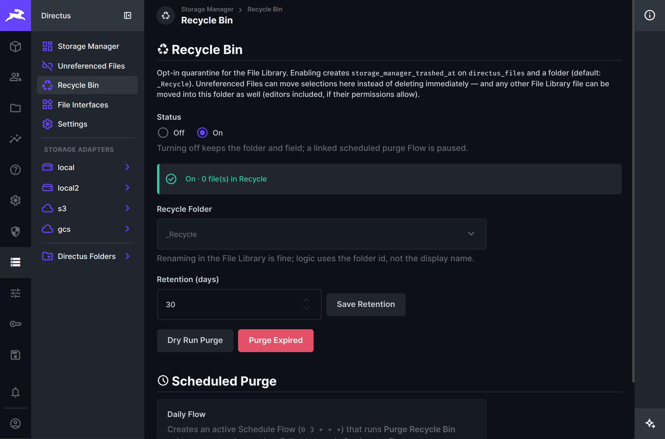 Recycle Bin status, retention, purge actions, and scheduled purge Flow