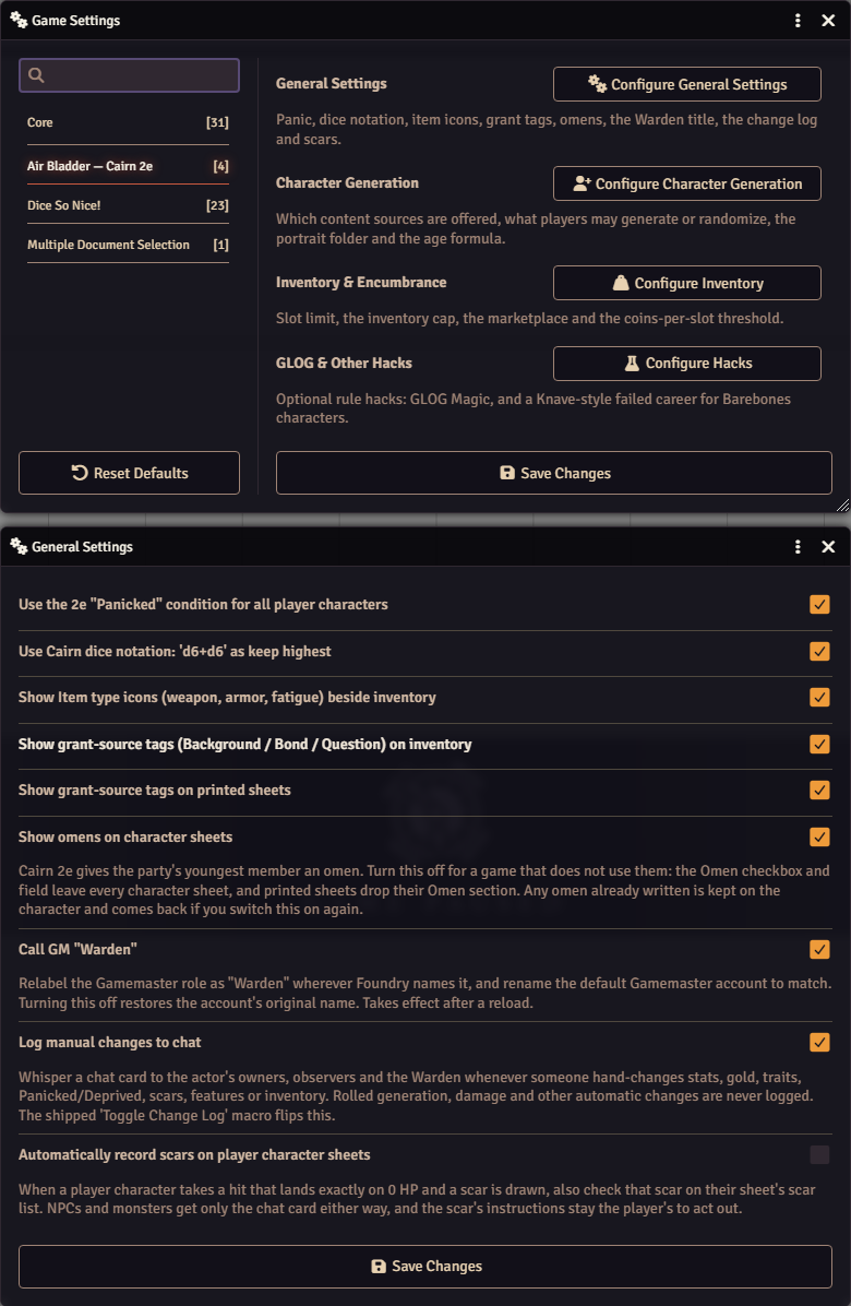 The Warden's game settings