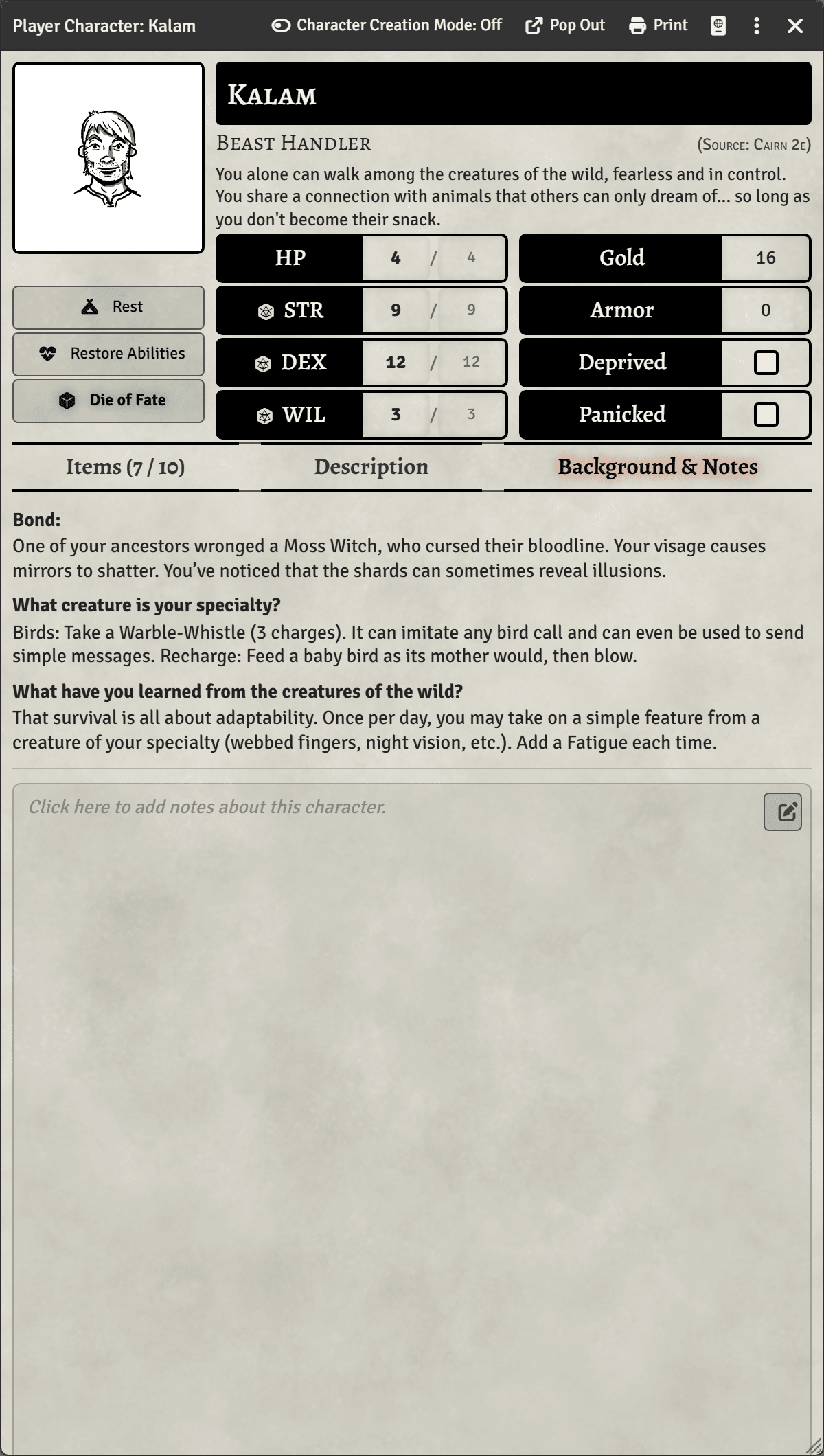 Character sheet — Background & Notes tab