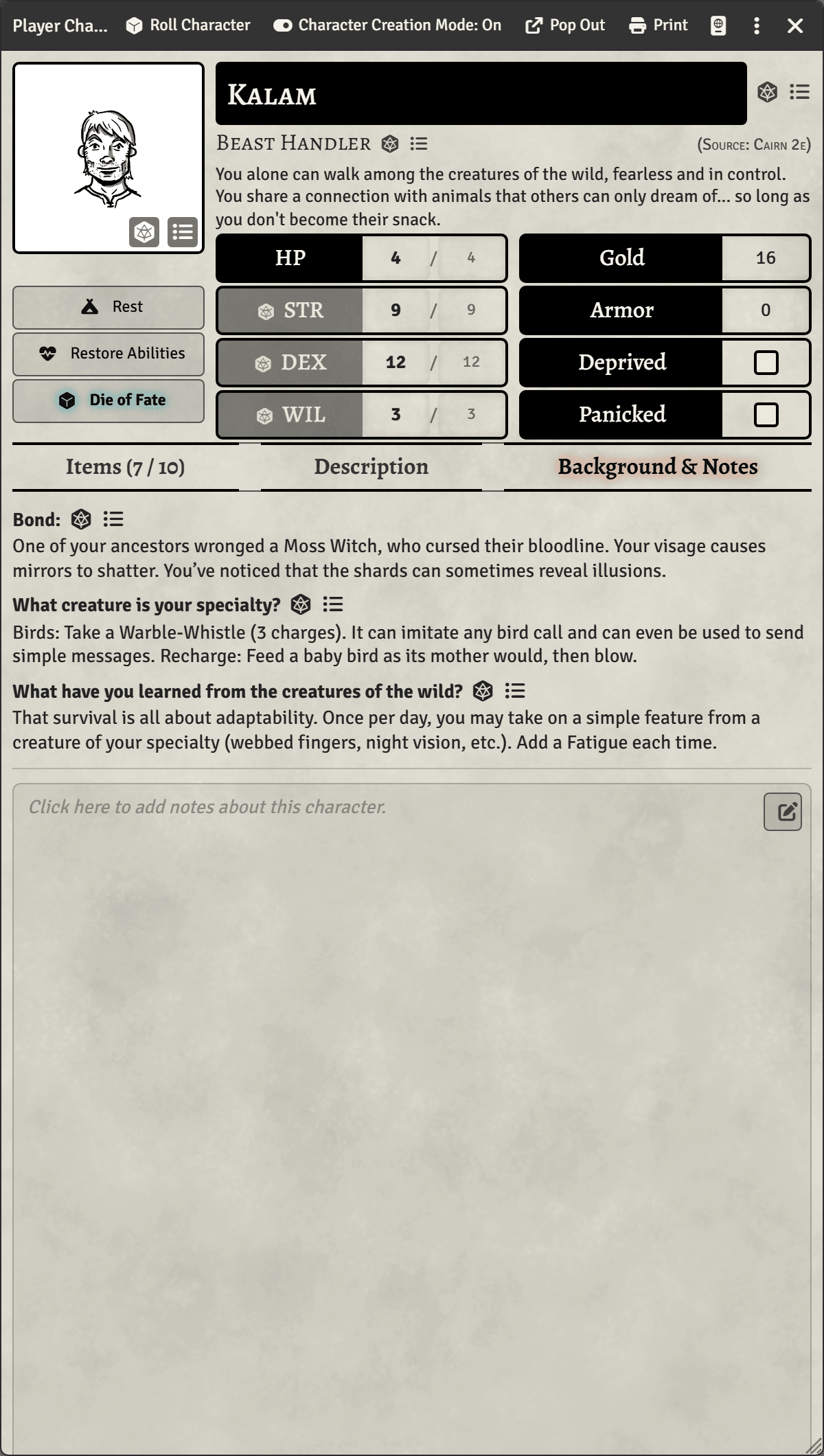 Character sheet with Character Creation Mode on