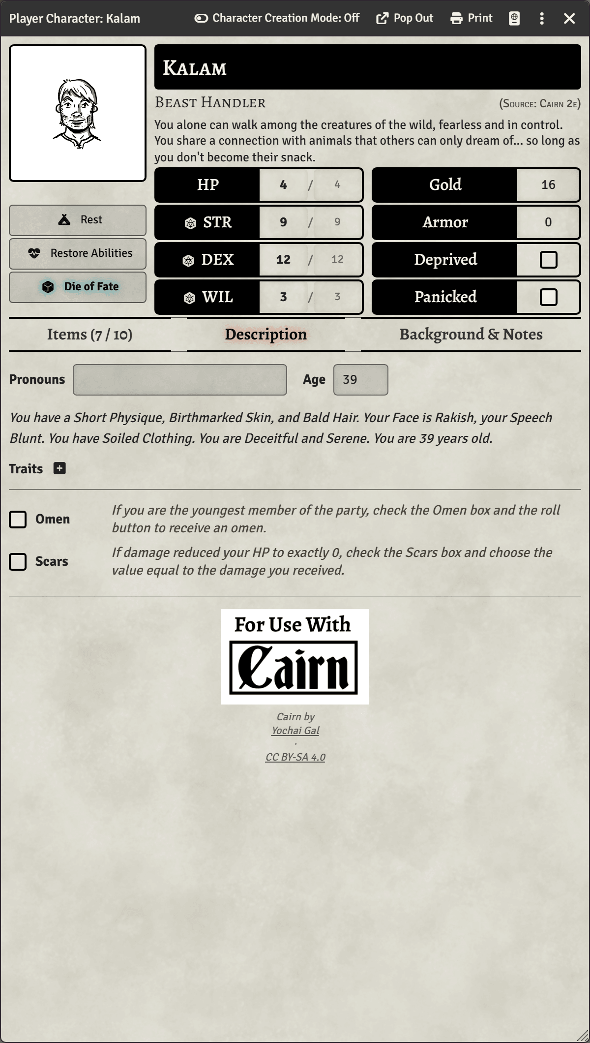 Character sheet — Description tab