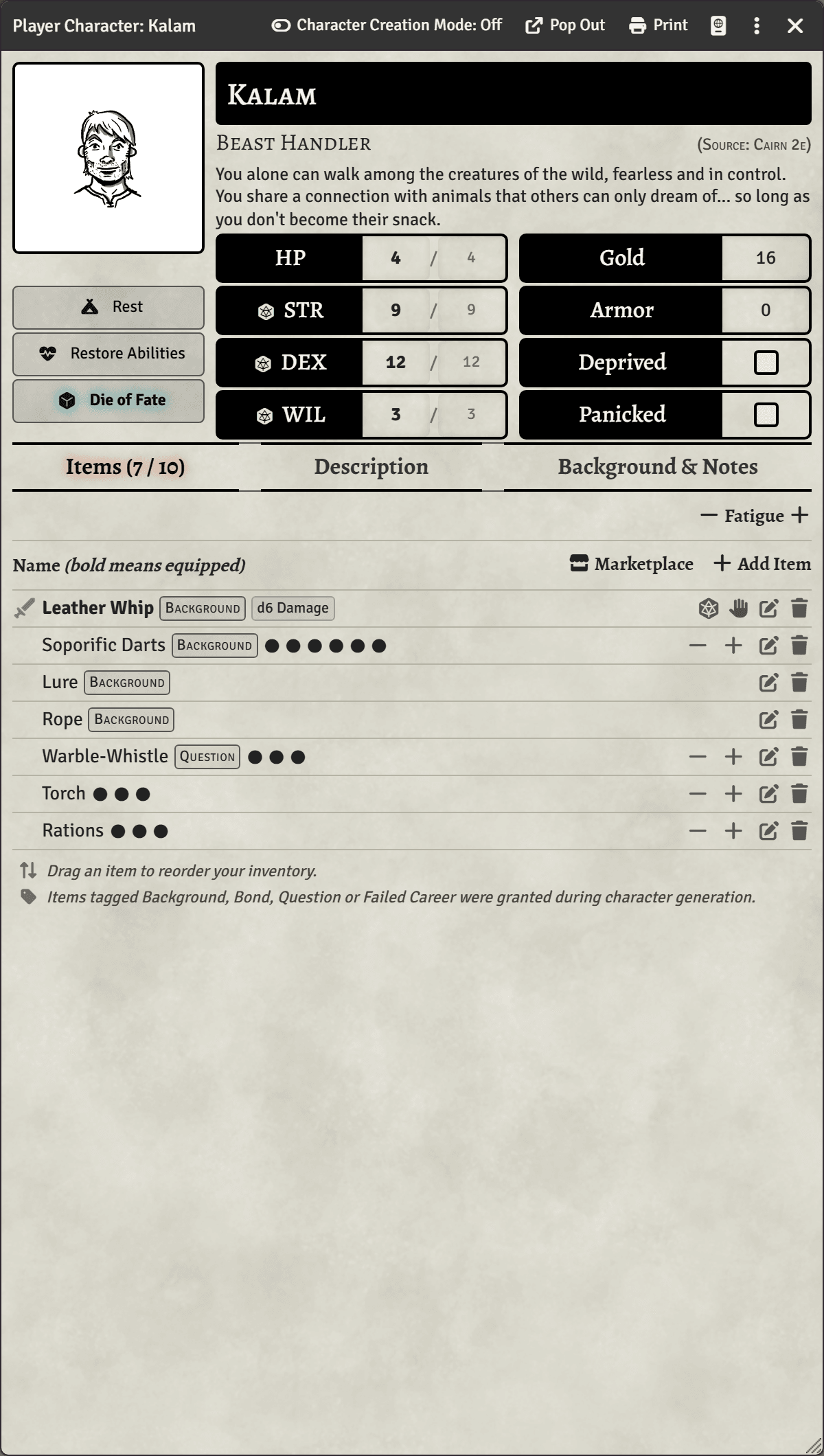 Character sheet — Items tab