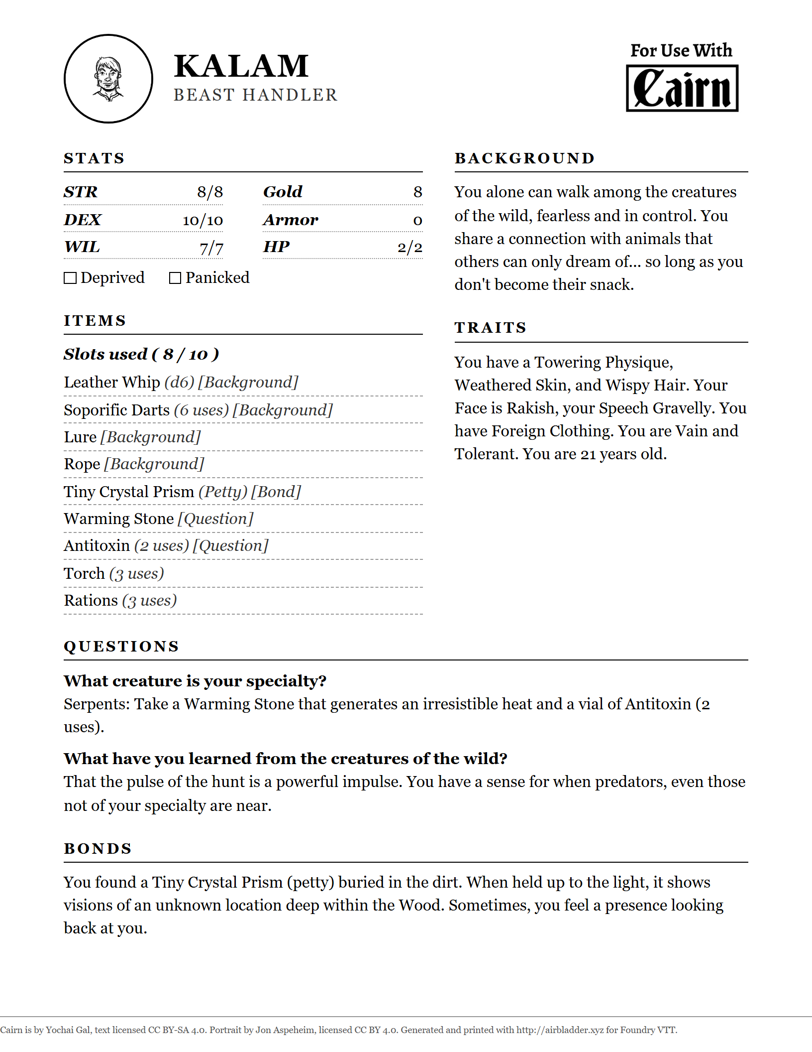 A printed character sheet — the whole character on one or two pages