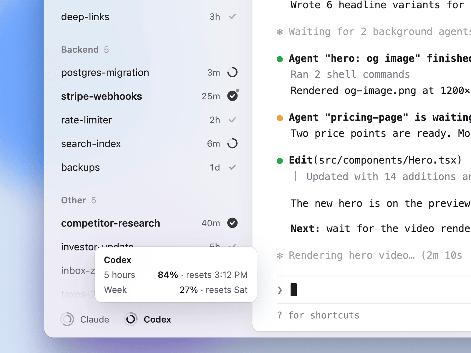Usage-limit rings for Claude and Codex in the sidebar footer