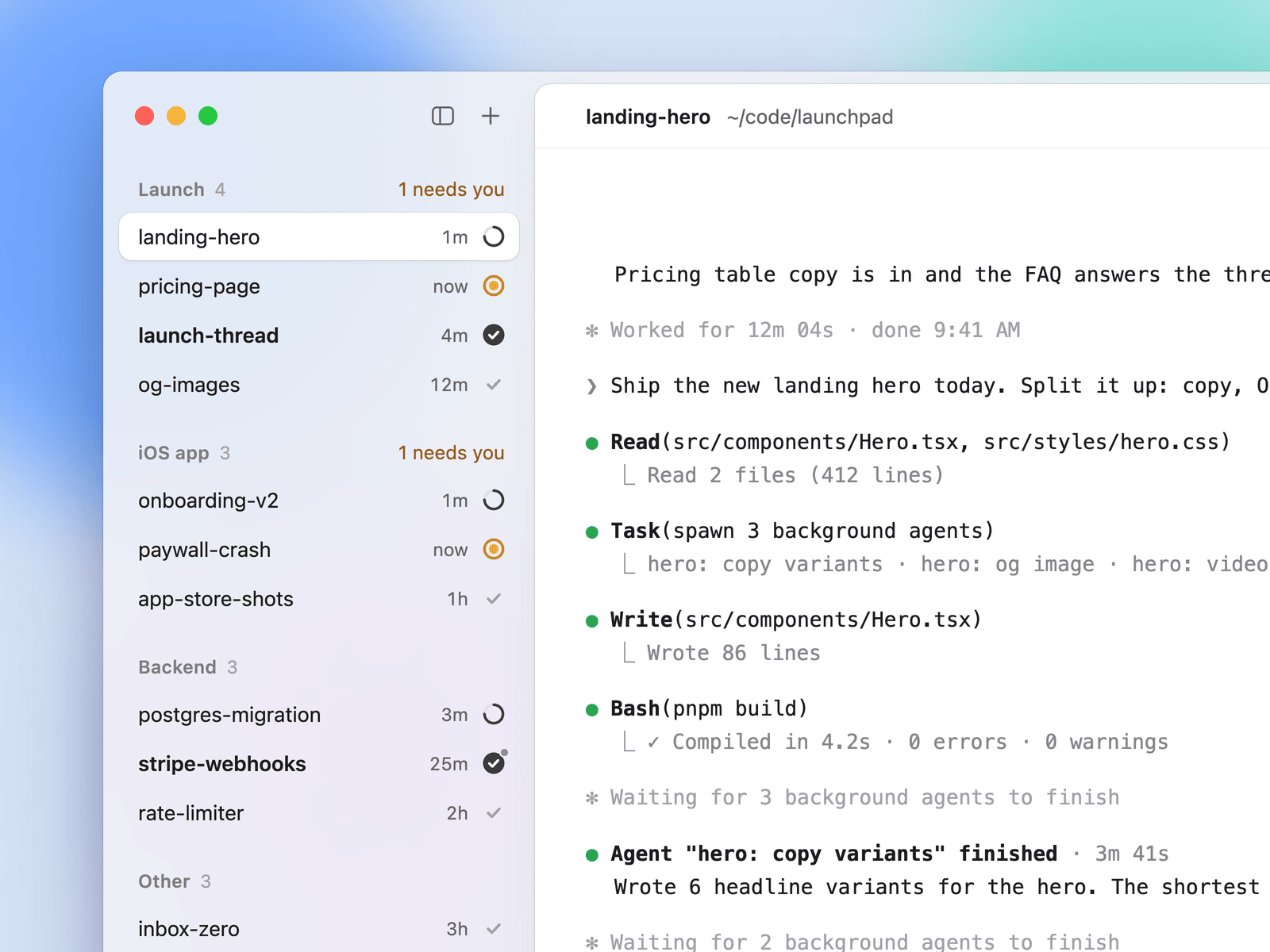 Sidebar rows showing needs you, background work, working, done and inactive