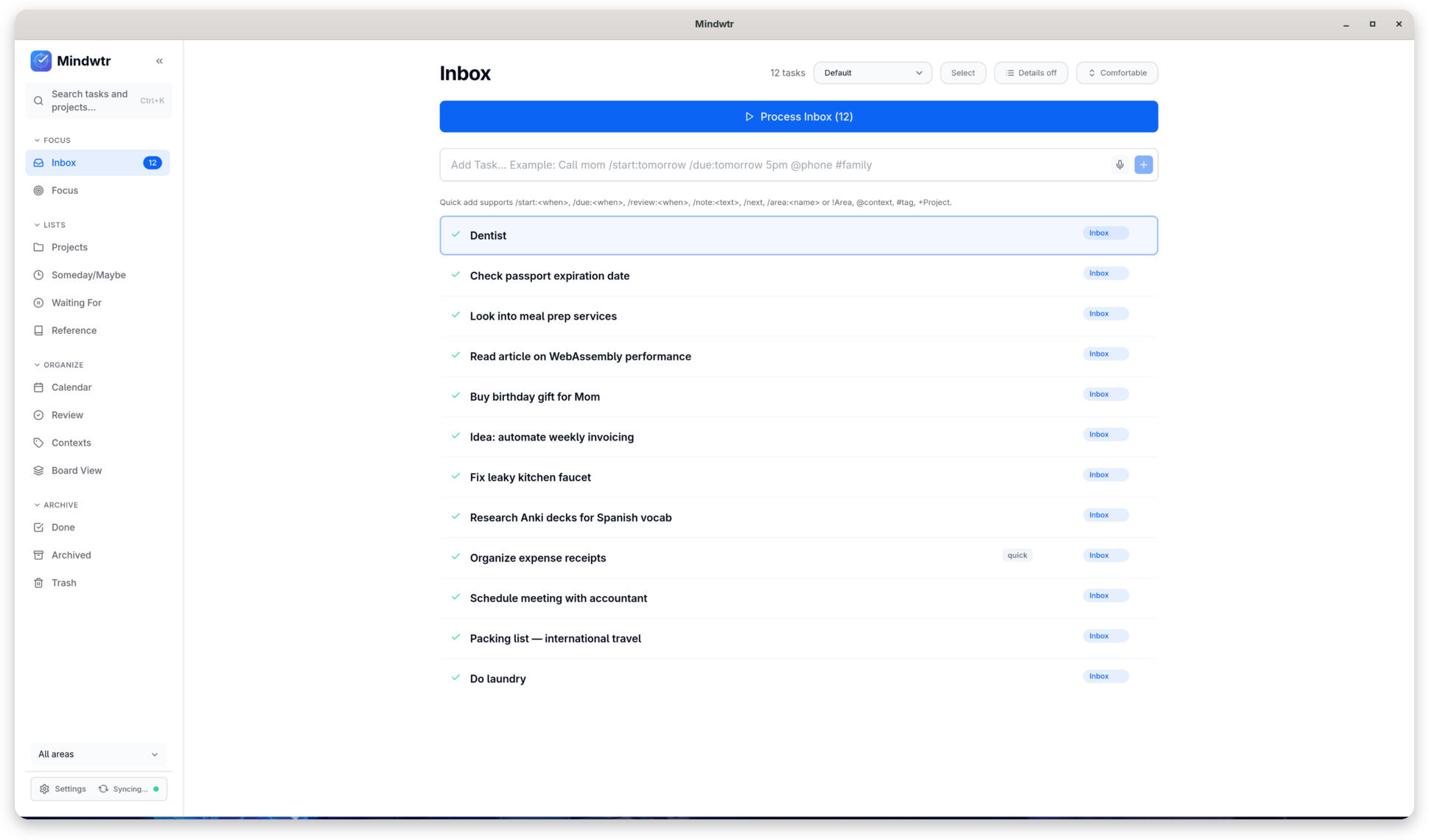 Screenshot of Mindwtr
