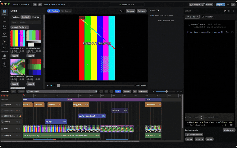BashCut demo: Codex terminal, layered timeline, captions, transitions, color and plugins