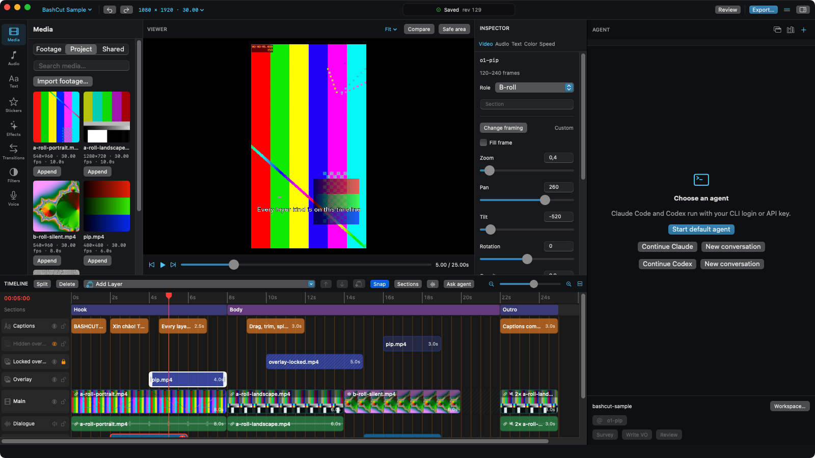 BashCut editing the sample project: media library, viewer with picture in picture and a caption, Inspector, layered timeline and the agent dock