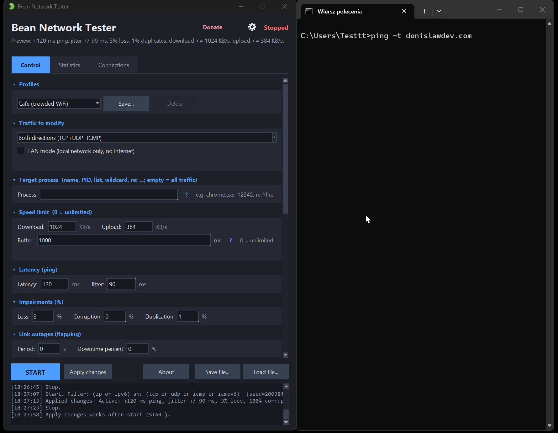 Bean Network Tester adding lag and packet loss to a live ping
