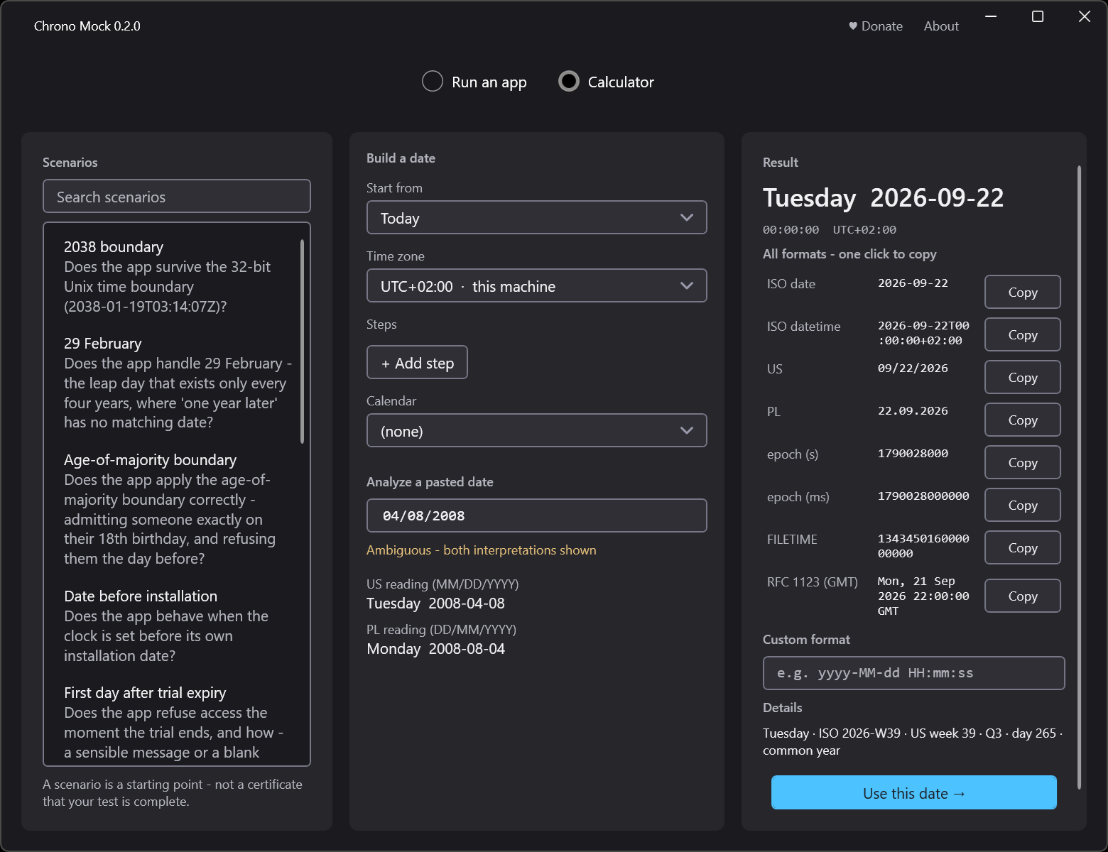 The Chrono Mock calculator: a searchable scenario list with its explanations on the left, the date builder in the middle where a pasted 04/08/2008 is reported as ambiguous with both the American and the Polish reading shown, and on the right the result in every format with a copy button against each one and Use this date below them.
