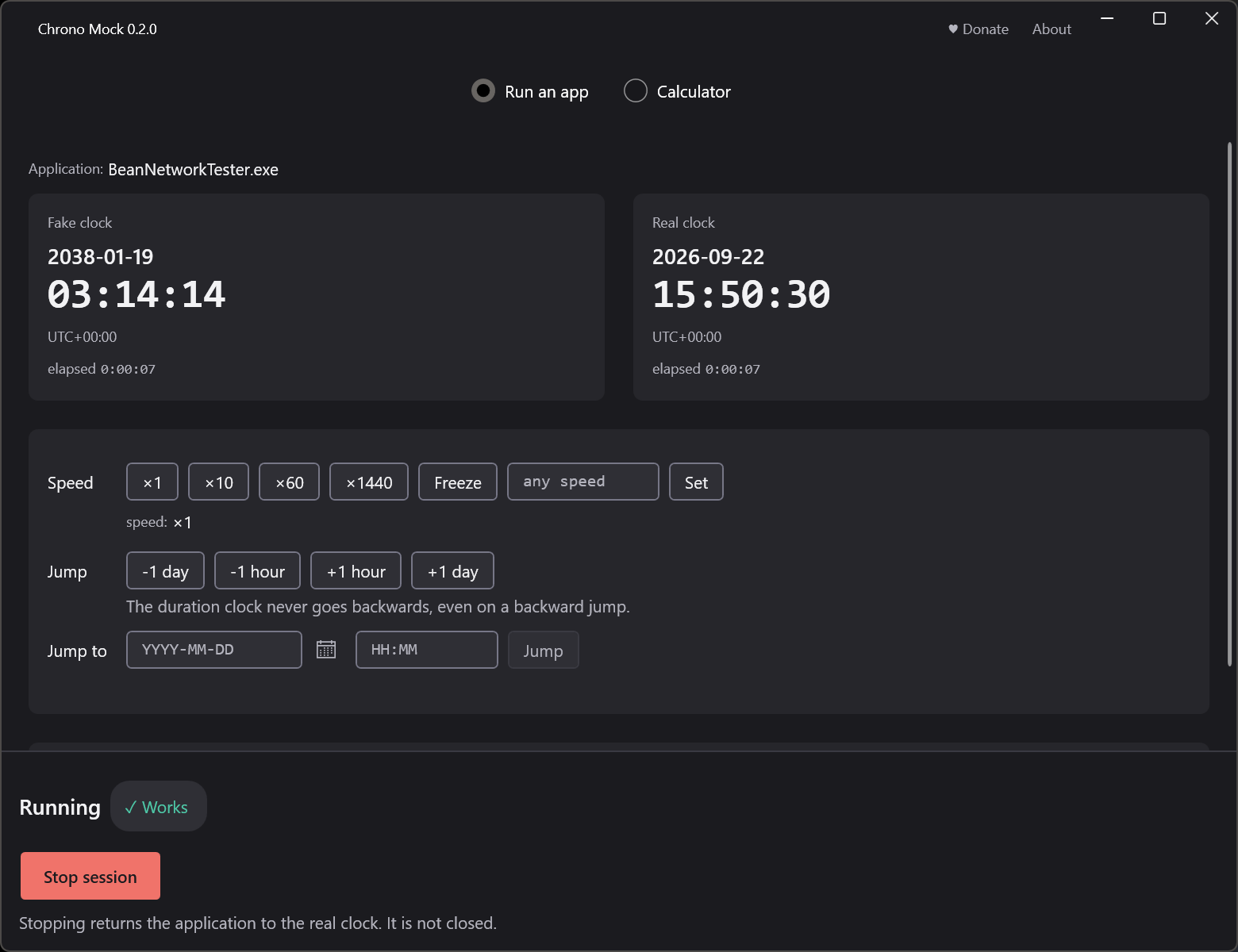The Chrono Mock session panel: the application's clock reading 19 January 2038 at 03:14:14 beside the real clock reading 22 September 2026 at 15:50:30, each with its own elapsed time, then the speeds from ×1 to ×1440 with a Freeze, the relative jumps and a jump to a typed date, and on the footer a green Works verdict beside a red Stop session.