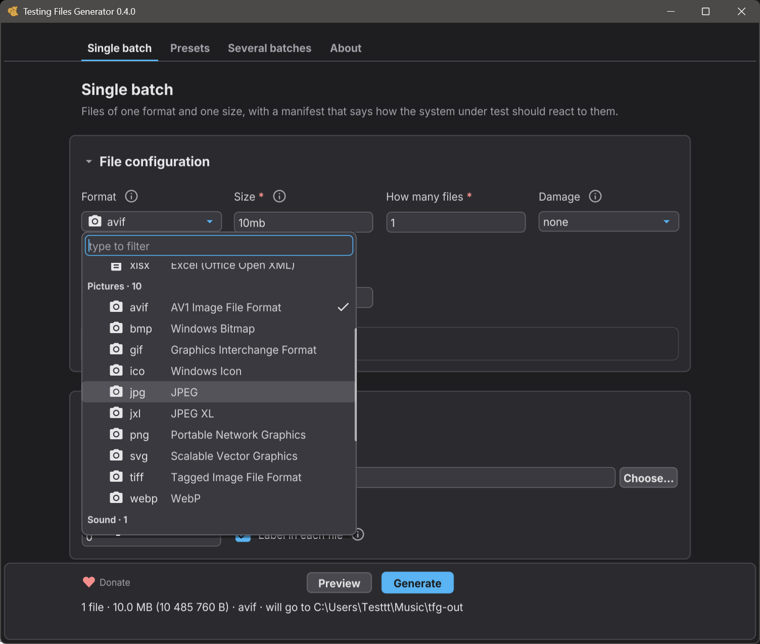 The list of formats in the window, grouped by kind and filtered as you type
