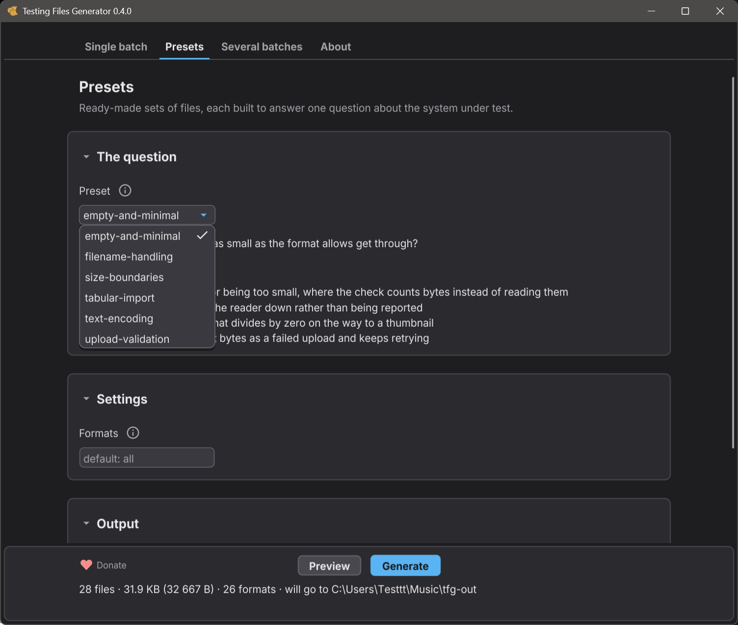The Presets screen of the window, with the list of presets open